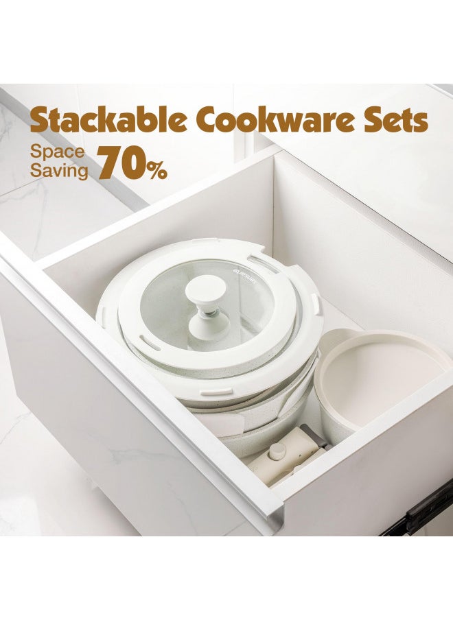 Sensarte SENSARTE 10 Piece Pots and Pans Set, Nonstick Detachable Handle Cookware, Induction Kitchen Cookware Set with Removable Handle, Healthy Non Stick RV Cookware, Dishwasher Oven Safe, PFOA Free (White)  - Image 2