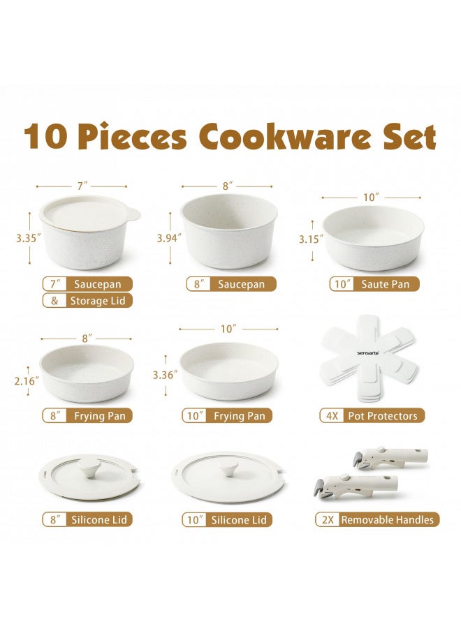Sensarte SENSARTE 10 Piece Pots and Pans Set, Nonstick Detachable Handle Cookware, Induction Kitchen Cookware Set with Removable Handle, Healthy Non Stick RV Cookware, Dishwasher Oven Safe, PFOA Free (White)  - Image 1