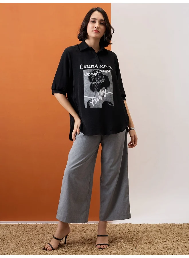 Women Black Collared Neck Graphic Print High Low Hem Oversized Shirt Style Top