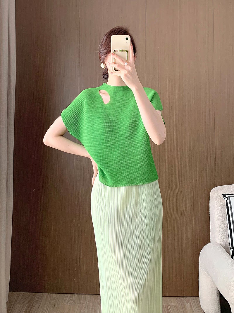 Design Sense Hollow Out T-Shirt Short-Sleeved Women'S 2024 Clothes Miyake Basic Versatile Pleated Top Ins - Image 5