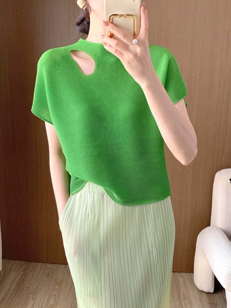 Design Sense Hollow Out T-Shirt Short-Sleeved Women'S 2024 Clothes Miyake Basic Versatile Pleated Top Ins - Image 4