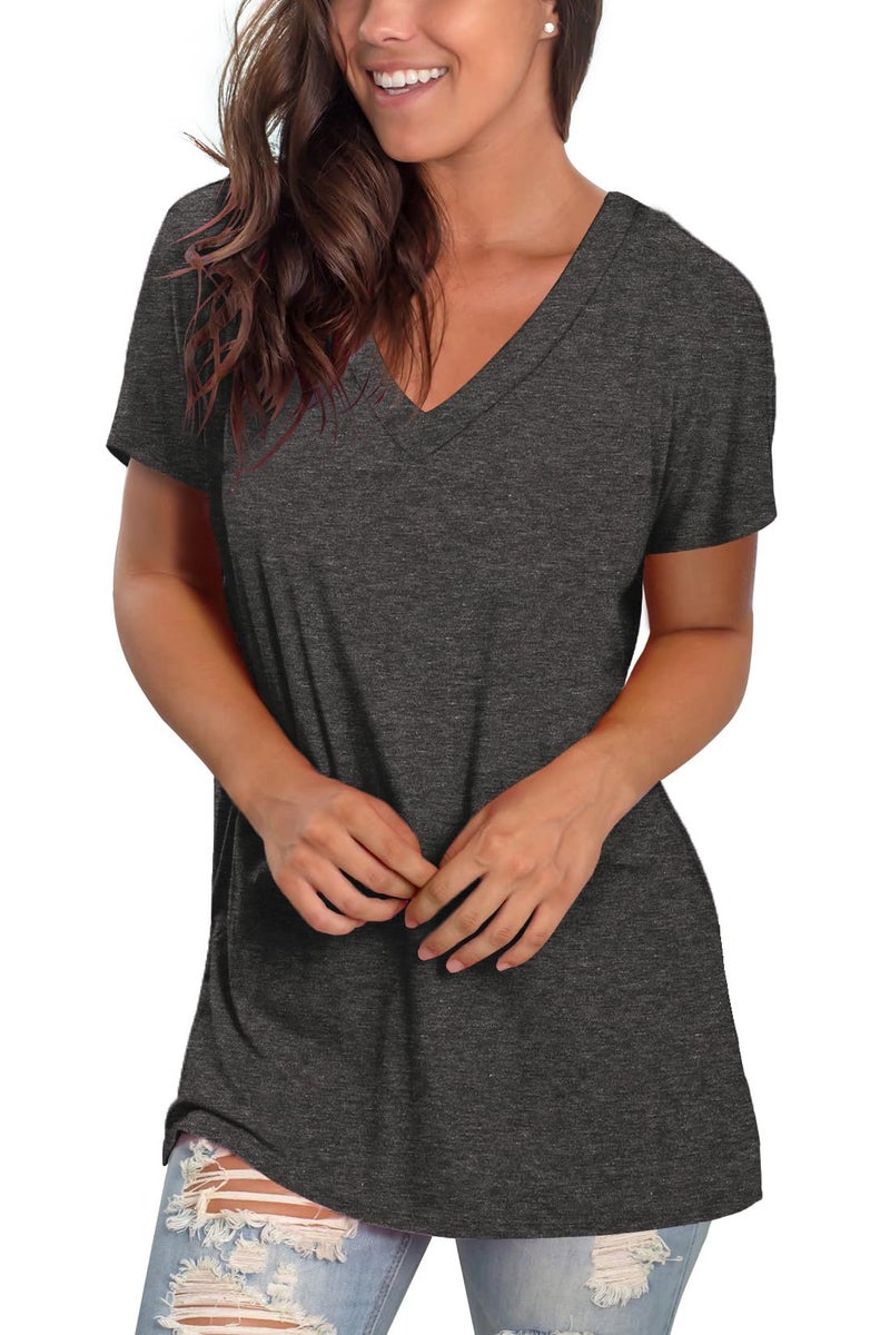 Sipaya Womens Tops Short Sleeve V Neck T Shirts Summer Solid Color Tunics for Juniors Grey XL - Image 3