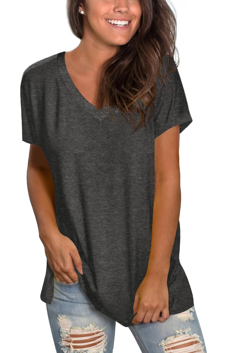 Sipaya Womens Tops Short Sleeve V Neck T Shirts Summer Solid Color Tunics for Juniors Grey XL - Image 2