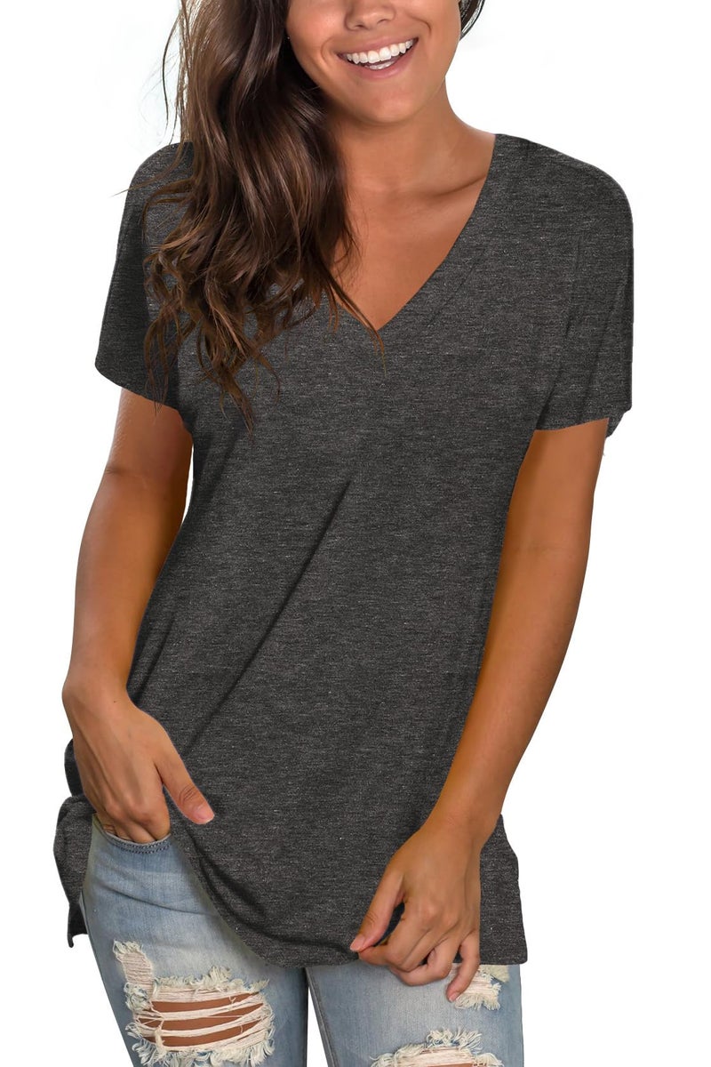 Sipaya Womens Tops Short Sleeve V Neck T Shirts Summer Solid Color Tunics for Juniors Grey XL - Image 1