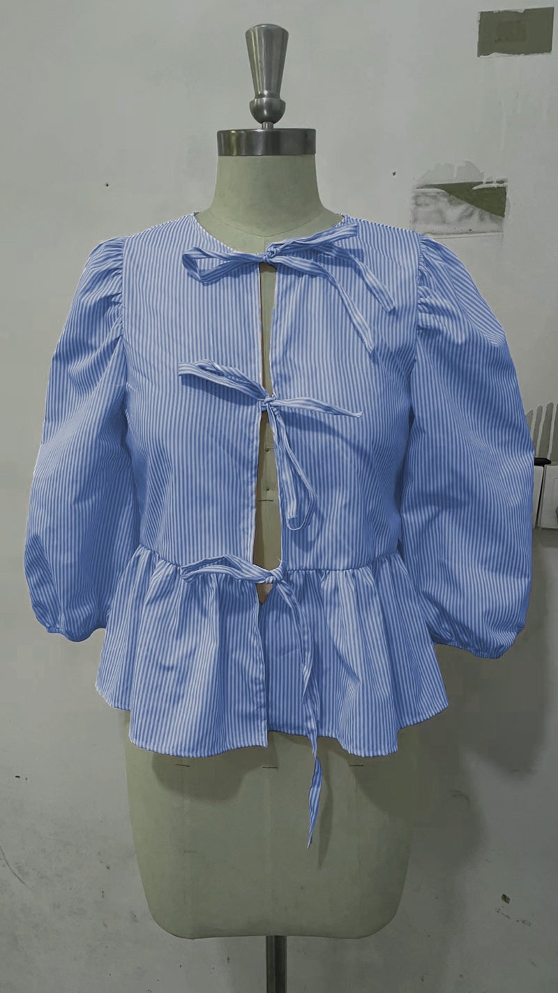 Womens Lace-Up Front Top Leopard Print Ruffled Doll Top 3/4 Length Puff Sleeve light blue slime