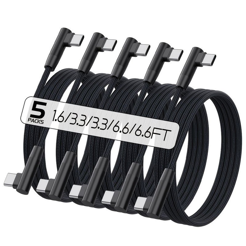 5pcs Usb C To Usb C Right Angle Charging Cables 3A Fast Charging 1M 3.3Ft 39 Inch Durable Braided Design No Tangle Support 480Mbps Data Transfer For Smartphones Tablets Laptops USB C Devices - Image 1