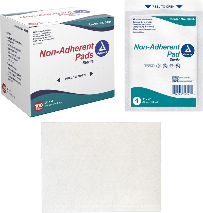 Dynarex NonAdherent PadsSterile Individually Packaged NonStick Wound and Burn Care Soft Highly Absorbent 3 x 4 1 Box of 100 NonAdherent PadsSterile - Image 1