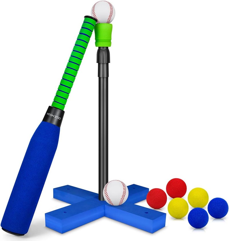 CELEMOON Foam Tball Set for Kids Toddlers 3-5, T Ball Baseball Softball Bat Set Adjustable Batting Tee, 8 Colored Balls, for Boys Girls 3-5 5-8 Years Indoor Outdoor Sport Playing Toys, Blue - Image 1