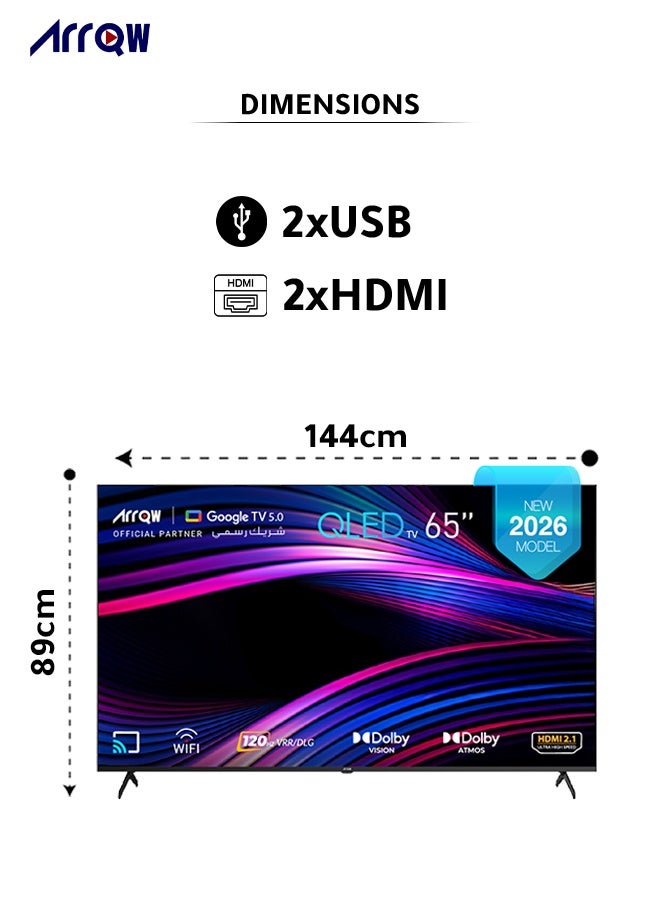 آركيو تلفزيون جوجل 65 بوصة، QLED 4K (5.0)، شاشة 60 هرتز، ذاكرة وصول عشوائي - 2 جيجابايت، سعة تخزين 16 جيجابايت، دولبي فيجن وأتموس، دقة 3840 × 2160 مع تطبيق مثبت مسبقًا (NETFLIX، برايم فيديو، يوتيوب) - Image 1