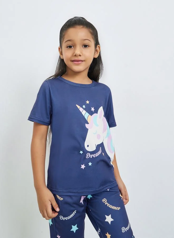 Styli Girls Graphic Print T-Shirt and Pyjama Set