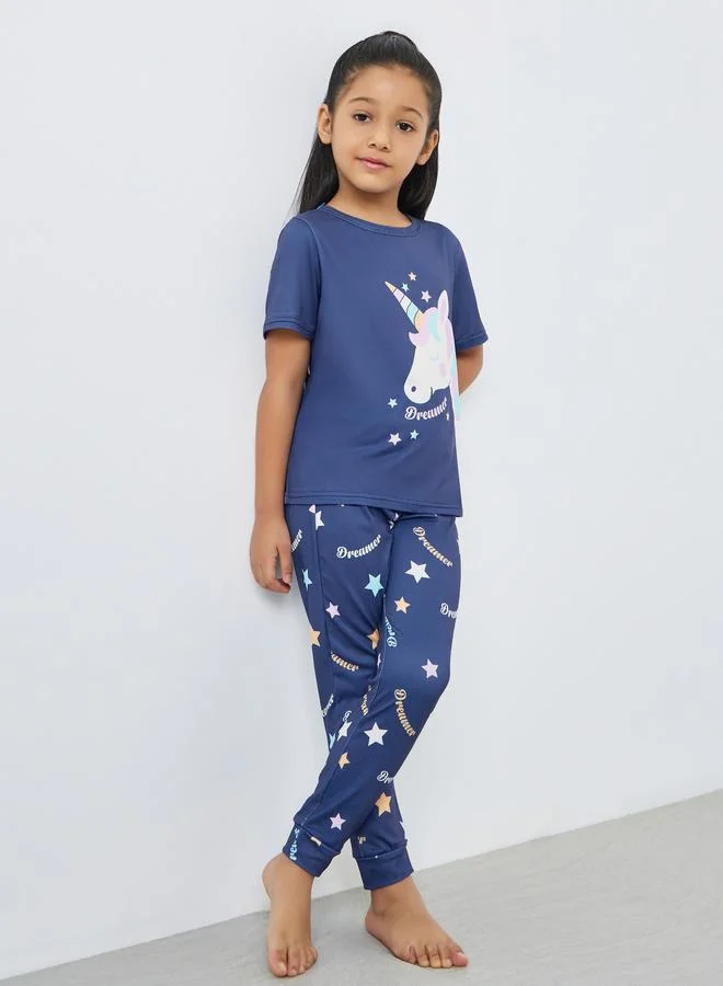 Styli Girls Graphic Print T-Shirt and Pyjama Set