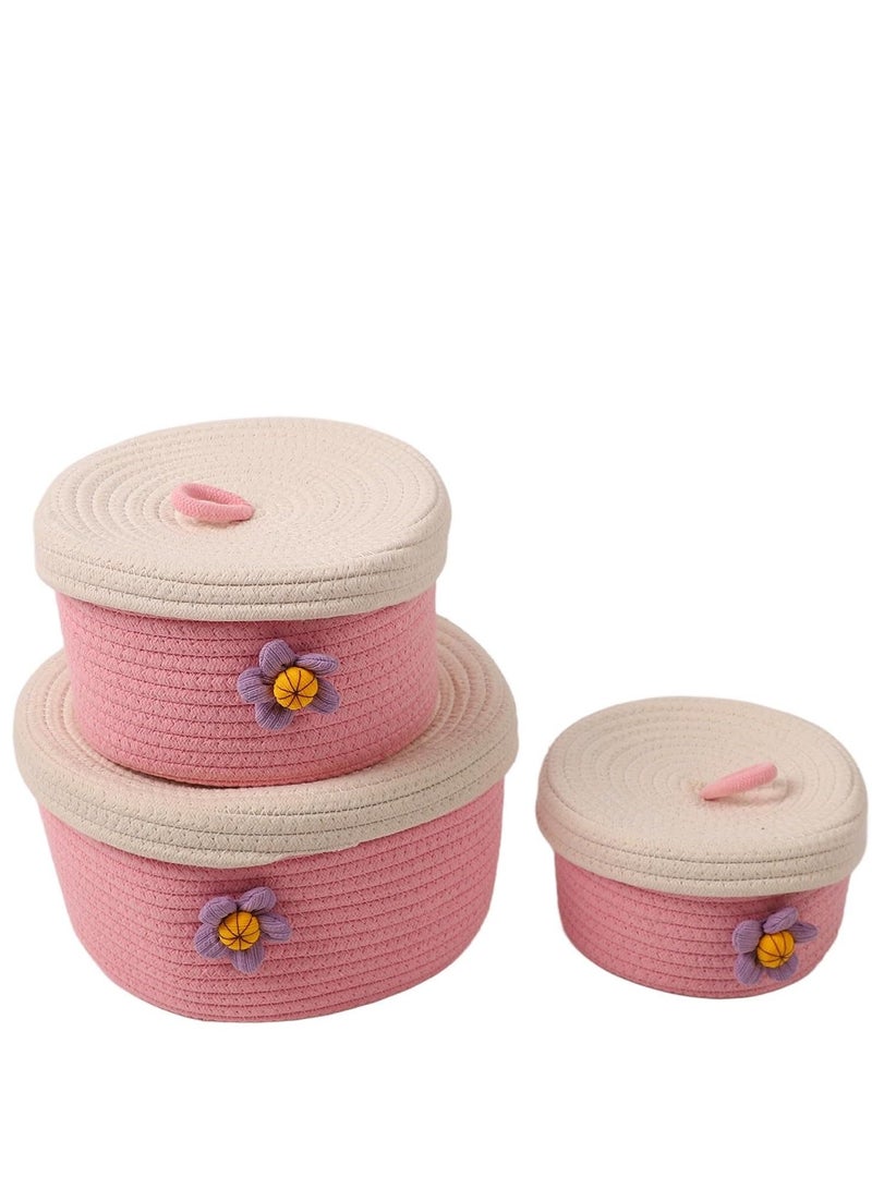 راكسوم سلة من حبل القطن، 3 قطع من سلة الغسيل الدائرية ذات الألوان الزاهية بأحجام مختلفة مع أغطية، سلال تخزين منسوجة لغرفة النوم والمكتب والعائلة () - Image 1