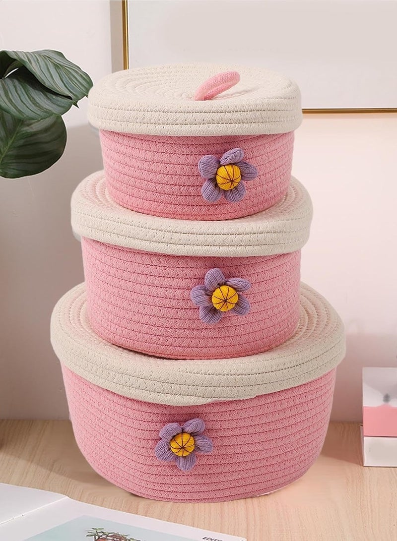 راكسوم سلة من حبل القطن، 3 قطع من سلة الغسيل الدائرية ذات الألوان الزاهية بأحجام مختلفة مع أغطية، سلال تخزين منسوجة لغرفة النوم والمكتب والعائلة () - Image 2