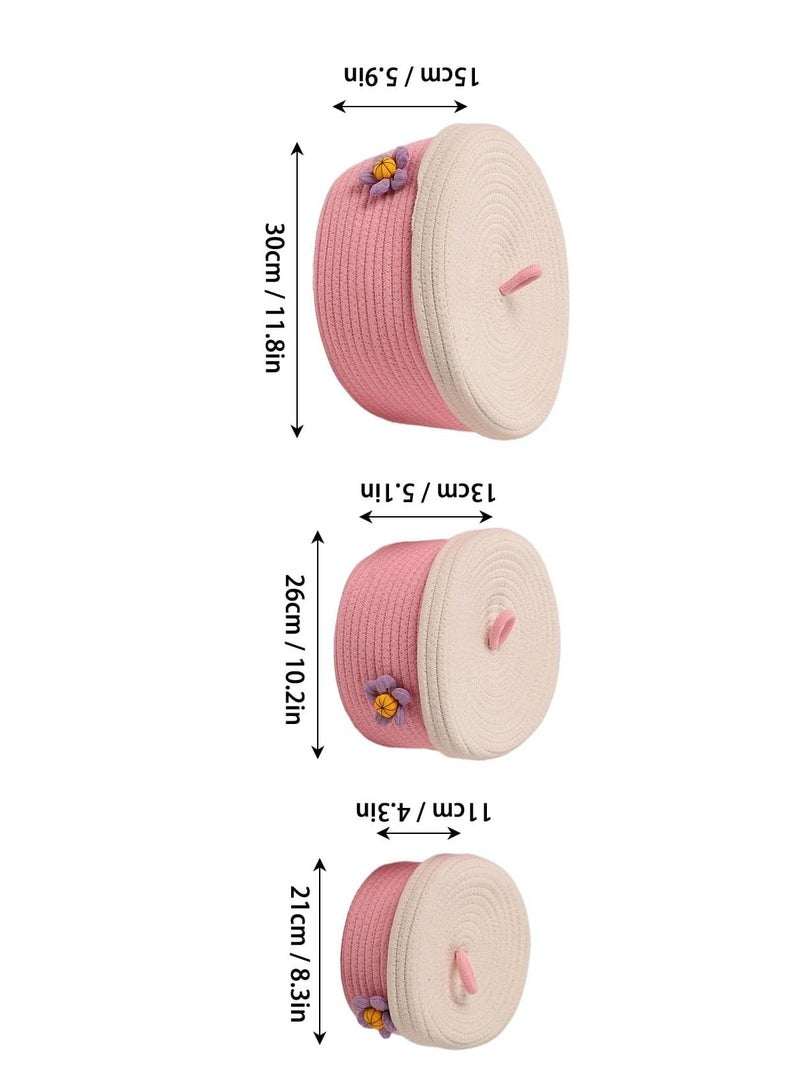 راكسوم سلة من حبل القطن، 3 قطع من سلة الغسيل الدائرية ذات الألوان الزاهية بأحجام مختلفة مع أغطية، سلال تخزين منسوجة لغرفة النوم والمكتب والعائلة () - Image 3