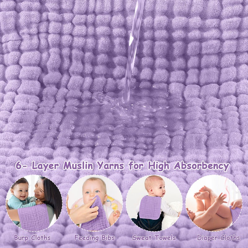 Looxii Muslin Burp Cloths 100% Cotton Muslin Cloths Large 20''x10'' Extra Soft and Absorbent 6 Pack Baby Burping Cloth for Boys and Girls (Purple) - Image 4