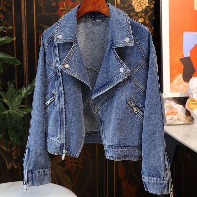 Fried Street, handsome, fashionable and exquisite love! Large lapel zipper long sleeve motorcycle style Denim coat jacket womens fashion Denim Blue