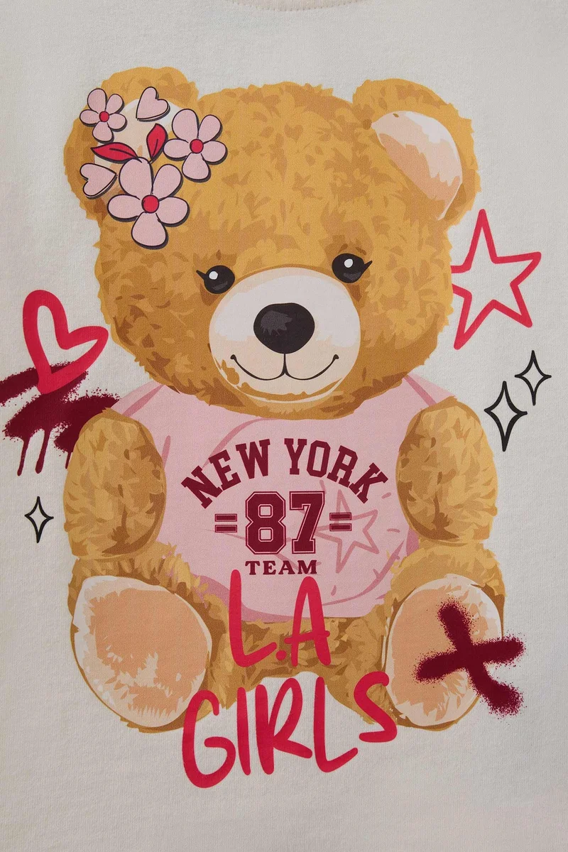 Defacto Girl Crew Neck Bear Printed Long Sleeve T-Shirt