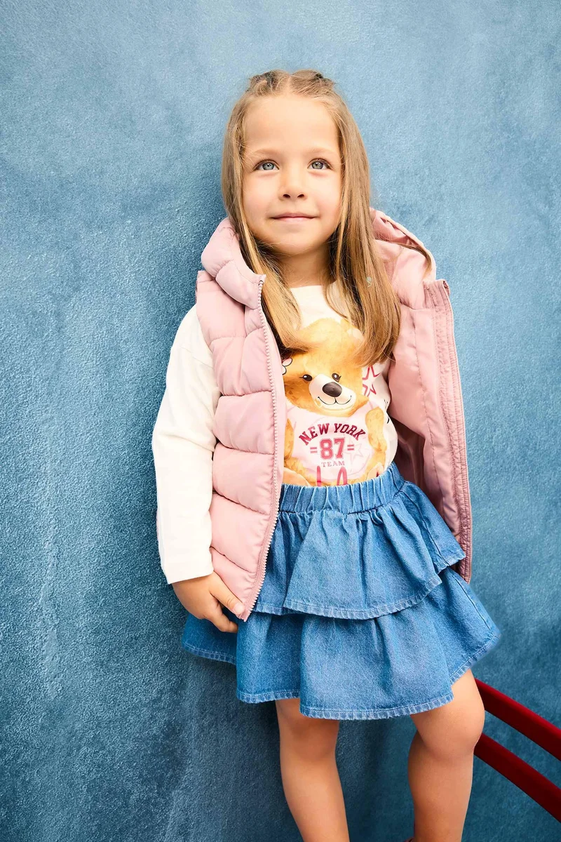 Defacto Girl Crew Neck Bear Printed Long Sleeve T-Shirt