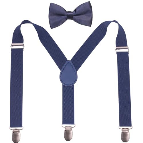 GUCHOL Navy Suspenders Bow Tie for Boys and Girls Adjustable Elastic Classic Accessory Sets Age 1 to 13 Year (Navy Blue, 33 INCH (6-13 Year) - Image 1