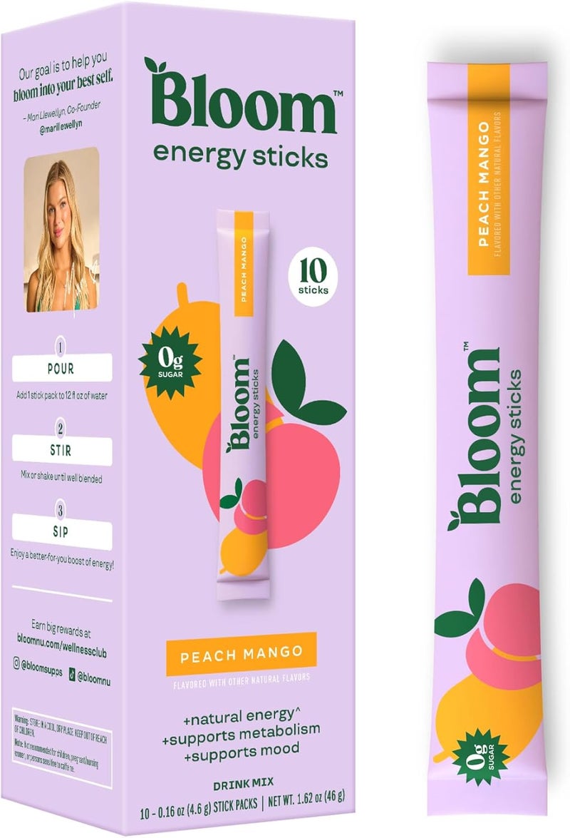 Bloom Nutrition Peach Mango Energy Drink Powder Packets - Sugar Free, Natural Caffeine & B Vitamins, 10 Sticks - Image 1
