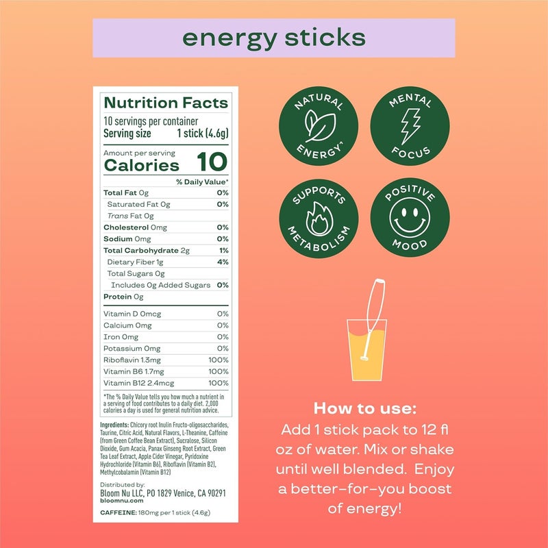 Bloom Nutrition Peach Mango Energy Drink Powder Packets - Sugar Free, Natural Caffeine & B Vitamins, 10 Sticks - Image 2