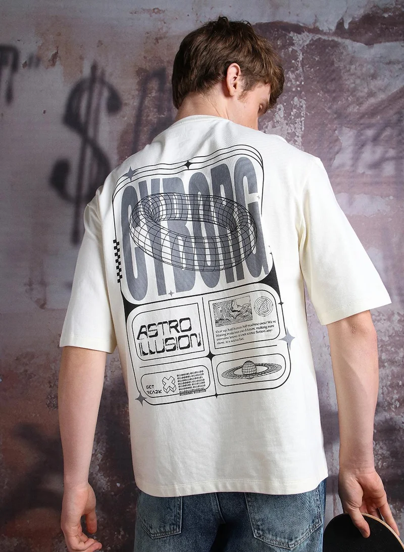 Hubberholme Men'S Off White 100% Cotton Printed Oversized T-Shirt