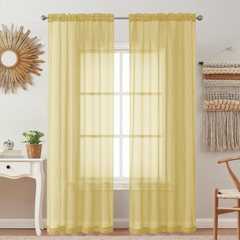 OVZME 2 Pack: Basic Mustard Yellow Sheer Curtain 84 Inches Long for Bedroom, Airy Light Filtering Voile Drapes for Living Room, Each 42W x 84L - Image 1