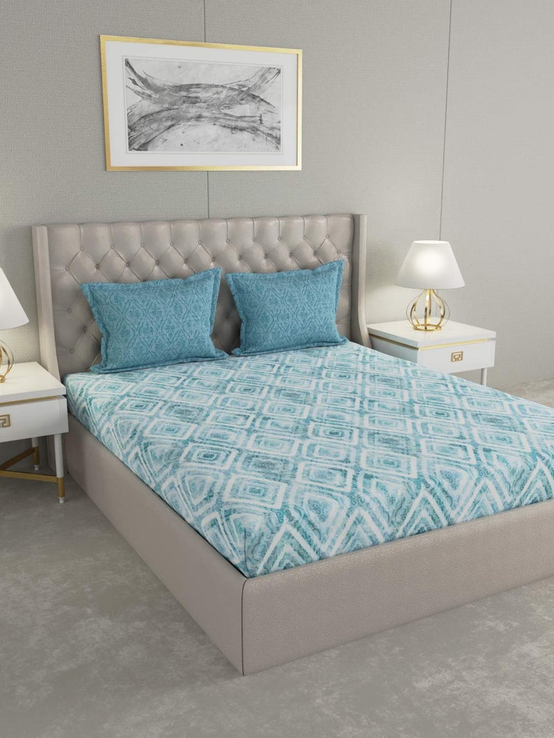 GM 100 Cotton Queen Size Bedsheet for Double Bed 144 TC Digital Printed Cotton Bed Sheet 90 X 108 Inches with 2 Pillow Cover Breathable Natural Soft and LightWeight for Home Living Blue