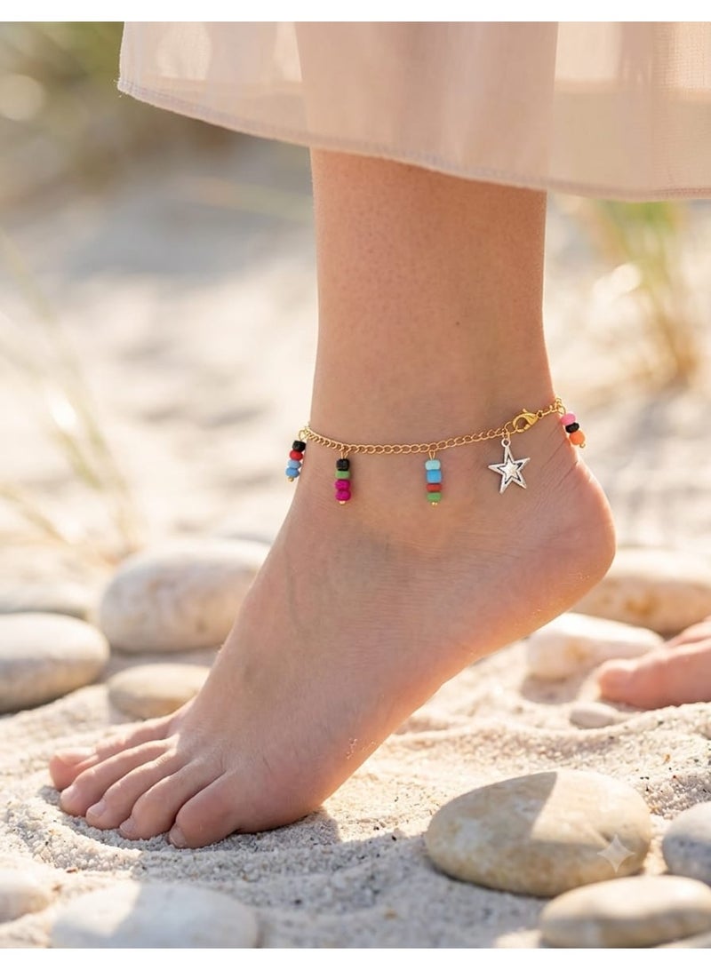 Women's Anklet with Star Charm and Colorful Beads
