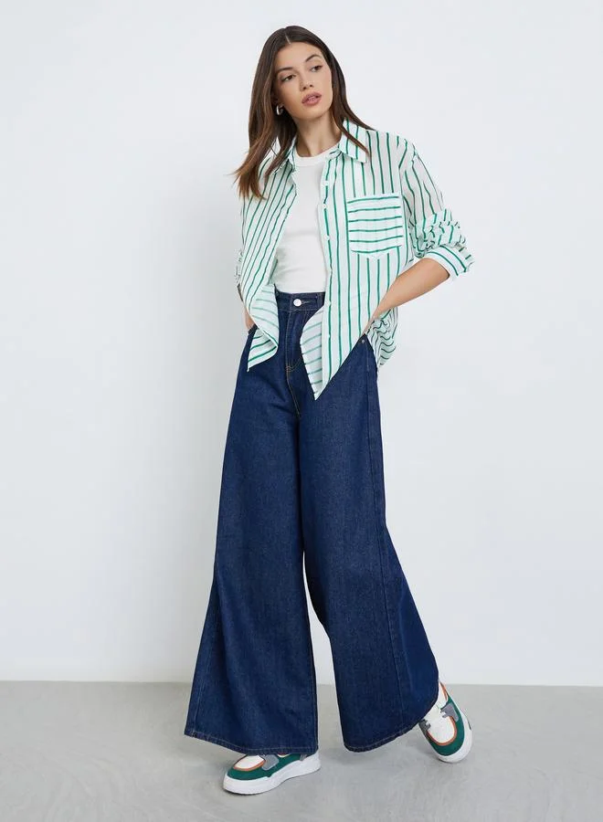 Styli Styli Women Green Striped Long Sleeve Shirt with Pocket