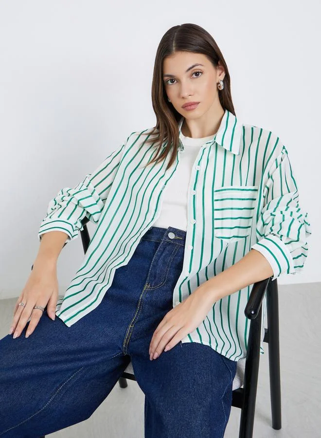 Styli Styli Women Green Striped Long Sleeve Shirt with Pocket