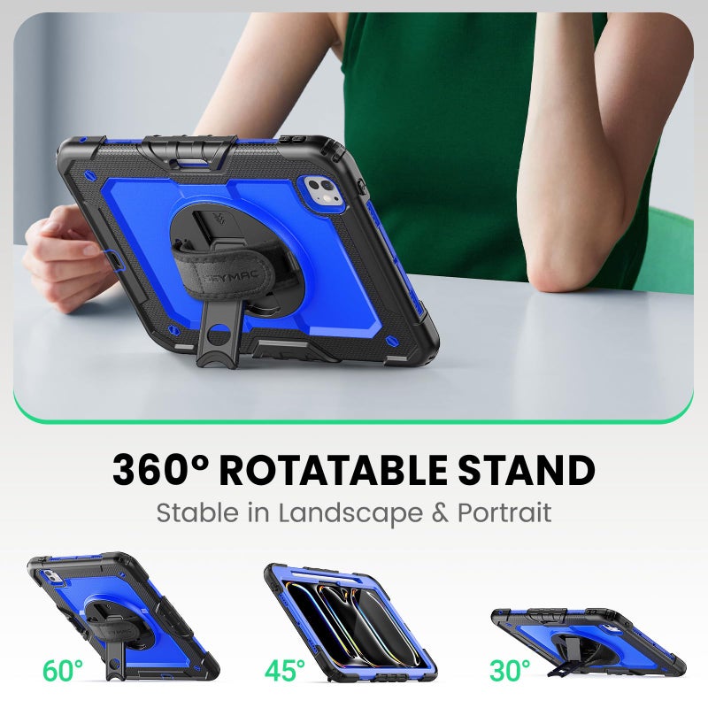 SEYMAC for iPad Pro 11 Inch Case M5 2025 / M4 2024, Heavy Duty Shockproof Protective Case with Screen Protector, 360Â° Rotating Stand, Hand/Shoulder Strap and Pen Holder, Blue - Image 4
