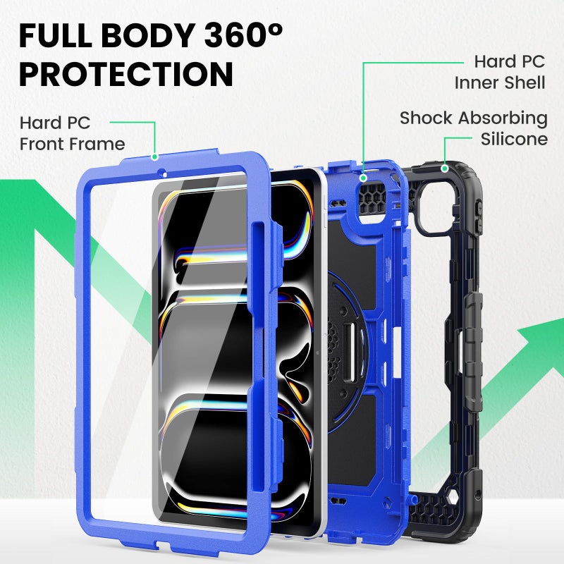 SEYMAC for iPad Pro 11 Inch Case M5 2025 / M4 2024, Heavy Duty Shockproof Protective Case with Screen Protector, 360Â° Rotating Stand, Hand/Shoulder Strap and Pen Holder, Blue - Image 5