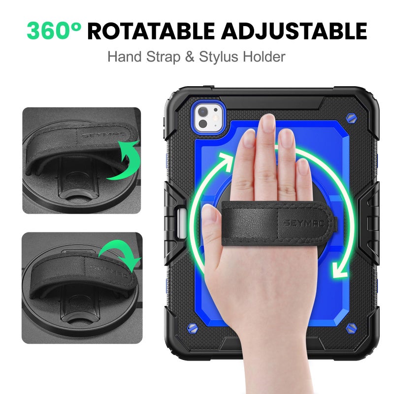 SEYMAC for iPad Pro 11 Inch Case M5 2025 / M4 2024, Heavy Duty Shockproof Protective Case with Screen Protector, 360Â° Rotating Stand, Hand/Shoulder Strap and Pen Holder, Blue - Image 3