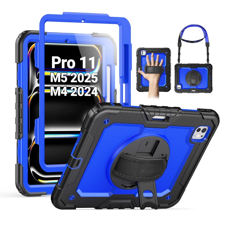 SEYMAC for iPad Pro 11 Inch Case M5 2025 / M4 2024, Heavy Duty Shockproof Protective Case with Screen Protector, 360Â° Rotating Stand, Hand/Shoulder Strap and Pen Holder, Blue - Image 1