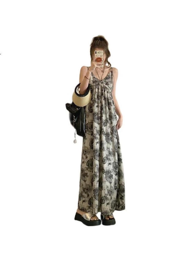 YUZHAOLIN Halter Neck Sleeping Dress Plus Size Chinese Style Ink Painting Dress Women Summer Seaside Vacation V-Neck Slimming Long Dress - Image 2