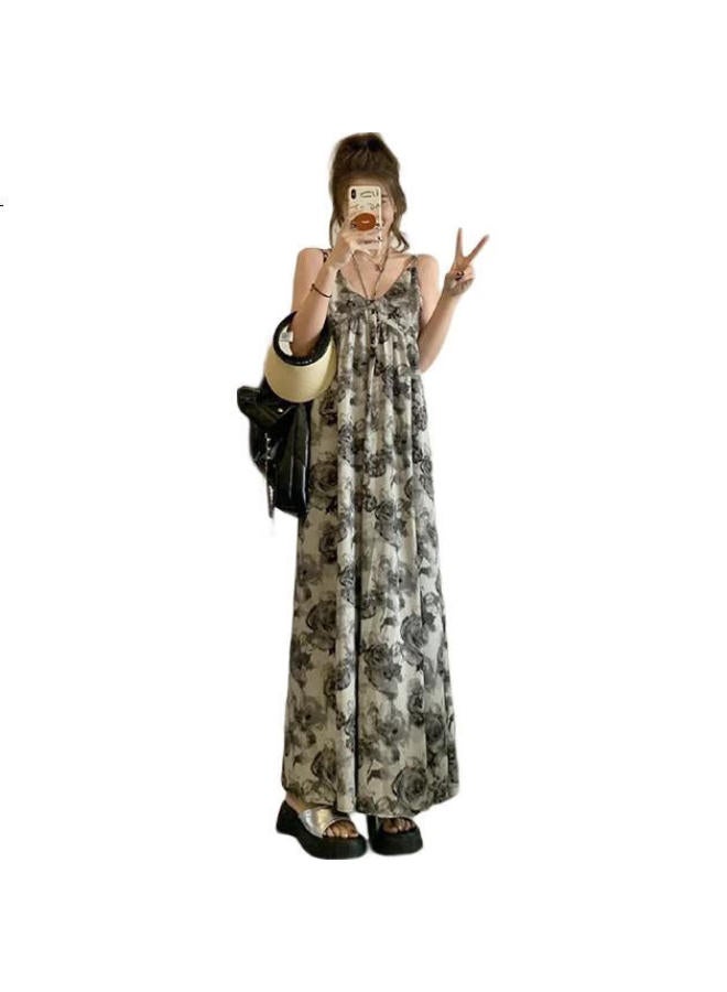 YUZHAOLIN Halter Neck Sleeping Dress Plus Size Chinese Style Ink Painting Dress Women Summer Seaside Vacation V-Neck Slimming Long Dress - Image 3