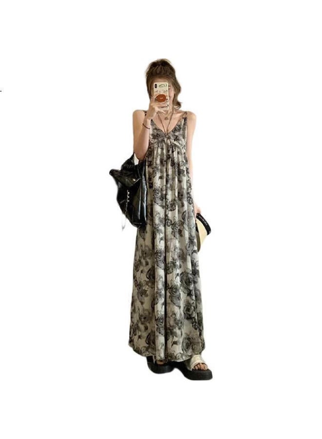 YUZHAOLIN Halter Neck Sleeping Dress Plus Size Chinese Style Ink Painting Dress Women Summer Seaside Vacation V-Neck Slimming Long Dress - Image 1
