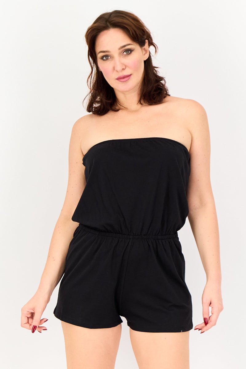 FOREVER 21 Women Strapless Plain Playsuit, Black - Image 1