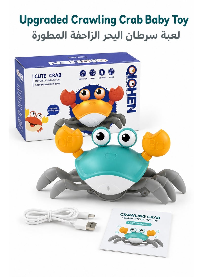 لعبة سرطان البحر الزاحفة للأطفال قابلة للشحن USB، إصدار مطور بسرعة قابلة للتعديل مع إضاءة وموسيقى قابلة للإيقاف، لعبة وقت البطن التفاعلية مع تجنب العوائق، للأطفال من 18 شهر، أخضر، علبة إنجليزية - Image 1