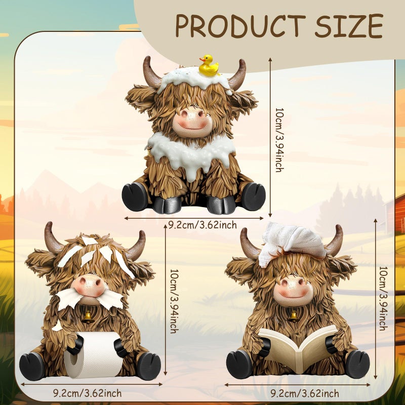 Burbell 3 Pcs Highland Cow Bathroom Figurines Bathroom Theme Highland Cow Gnomes Bath Decor Resin Statue Calf Lovers Gifts for Farmhouse Home Garden Kitchen Office Tiered Tray Table Decor - Image 3
