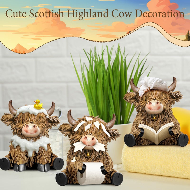 Burbell 3 Pcs Highland Cow Bathroom Figurines Bathroom Theme Highland Cow Gnomes Bath Decor Resin Statue Calf Lovers Gifts for Farmhouse Home Garden Kitchen Office Tiered Tray Table Decor - Image 5