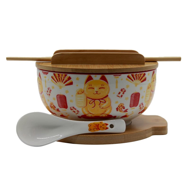 XWORLD Japanese Ceramic Ramen Noodle Bowls Set with Ceramic Spoon Bamboo Chopsticks Lid  Trivet Serving Capacity of 338 OZ Microwavable Oven Safety 33 x 66 D Lucky Cat