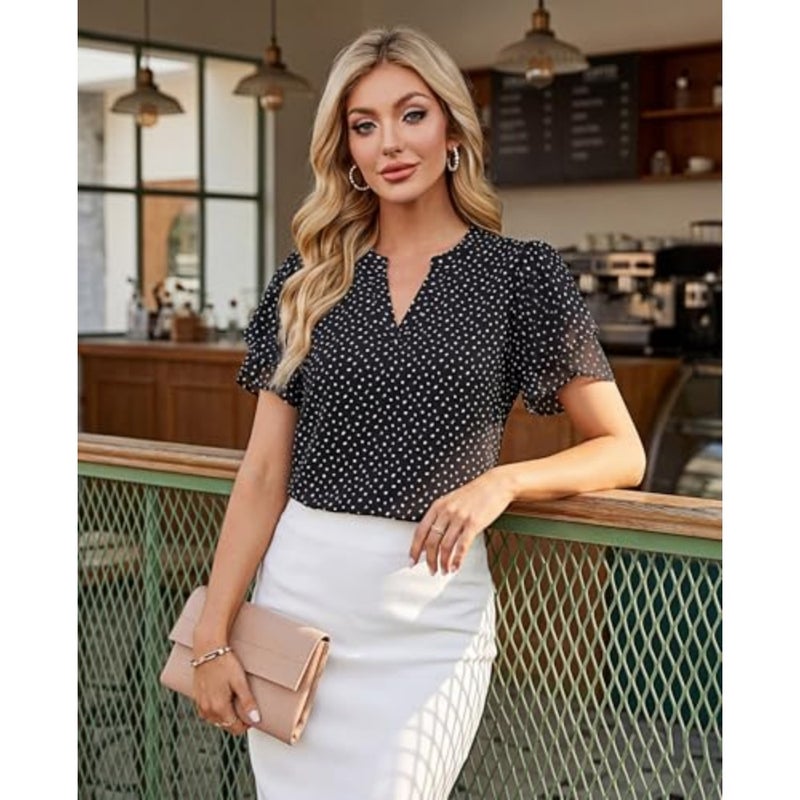 Lotusmile Elegant Chiffon Blouse for Women, Summer, Puff Blossoms, Short Sleeves, V-Neck, Casual Work Top - Image 5