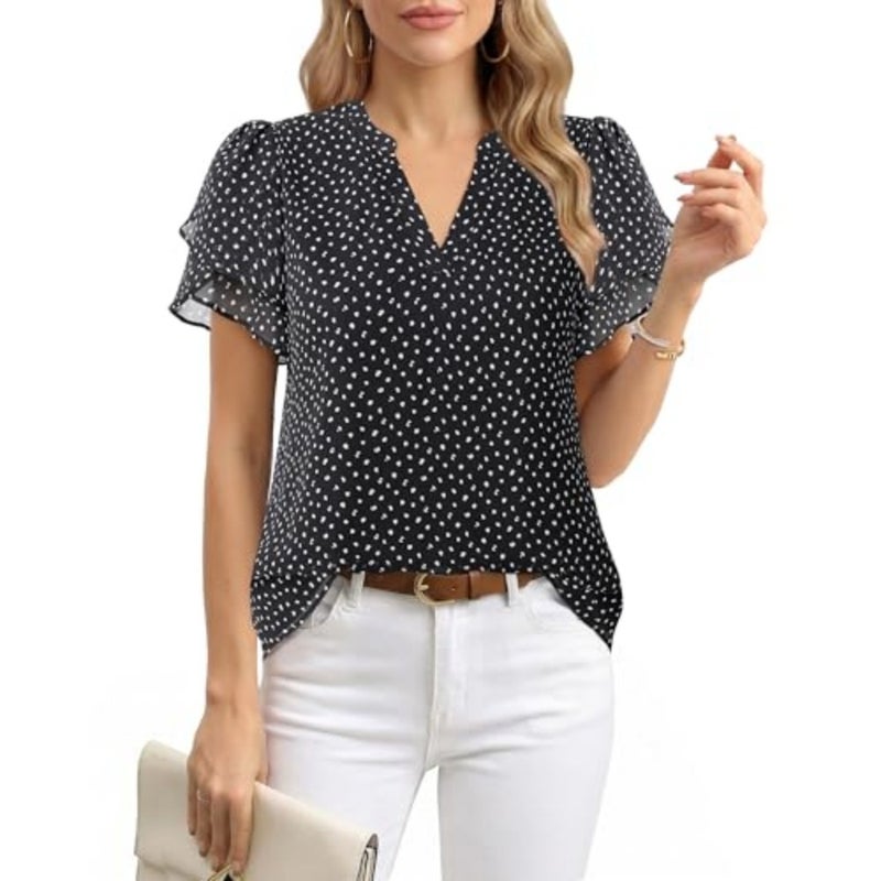 Lotusmile Elegant Chiffon Blouse for Women, Summer, Puff Blossoms, Short Sleeves, V-Neck, Casual Work Top - Image 1