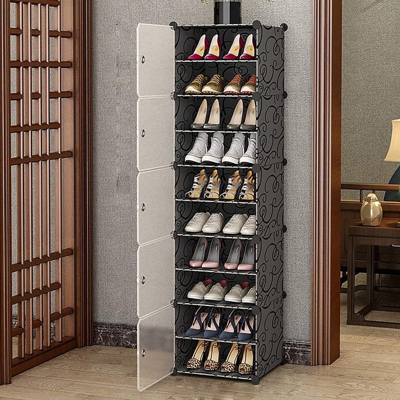 Zemic Shoe Rack DIY Portable Shoe Rack OrganizerMultiPurpose Shelf Storage Cabinet Stand Expandable for Heels Boots Slippers Plastic Portable and Folding Shoe Rack 10Shelf Black