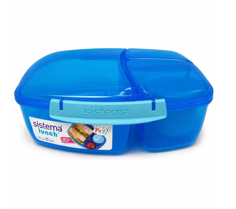 Sistema Triple Split Lunch Box with Yogurt Pot 2L Blue, BPA Free Compartment Lunch Container for Meal Prep, Salad, Snacks & School or Office Lunch Storage, Made in New Zealand - Image 1