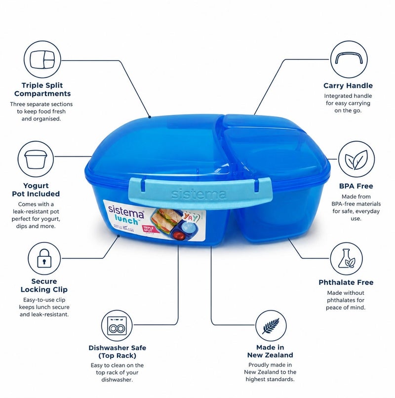 Sistema Triple Split Lunch Box with Yogurt Pot 2L Blue, BPA Free Compartment Lunch Container for Meal Prep, Salad, Snacks & School or Office Lunch Storage, Made in New Zealand - Image 2