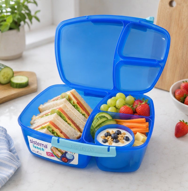 Sistema Triple Split Lunch Box with Yogurt Pot 2L Blue, BPA Free Compartment Lunch Container for Meal Prep, Salad, Snacks & School or Office Lunch Storage, Made in New Zealand - Image 3