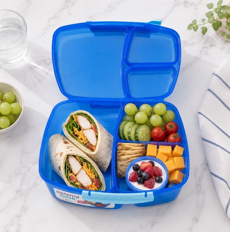 Sistema Triple Split Lunch Box with Yogurt Pot 2L Blue, BPA Free Compartment Lunch Container for Meal Prep, Salad, Snacks & School or Office Lunch Storage, Made in New Zealand - Image 4